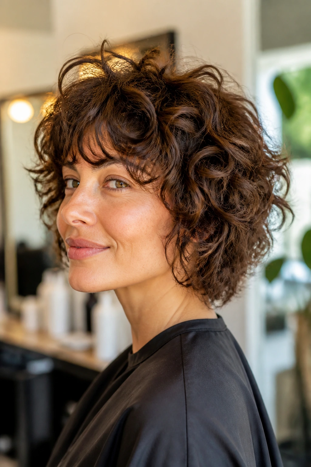 Close-up of real person with layered curls showing proper layers at the salon