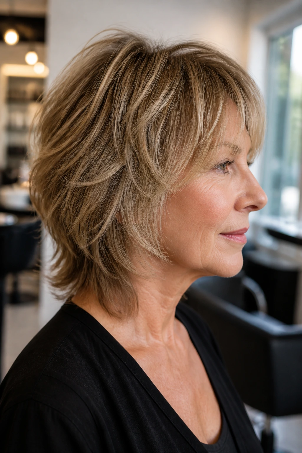 Portrait of a real woman demonstrating right layers in a shag with crown lift.