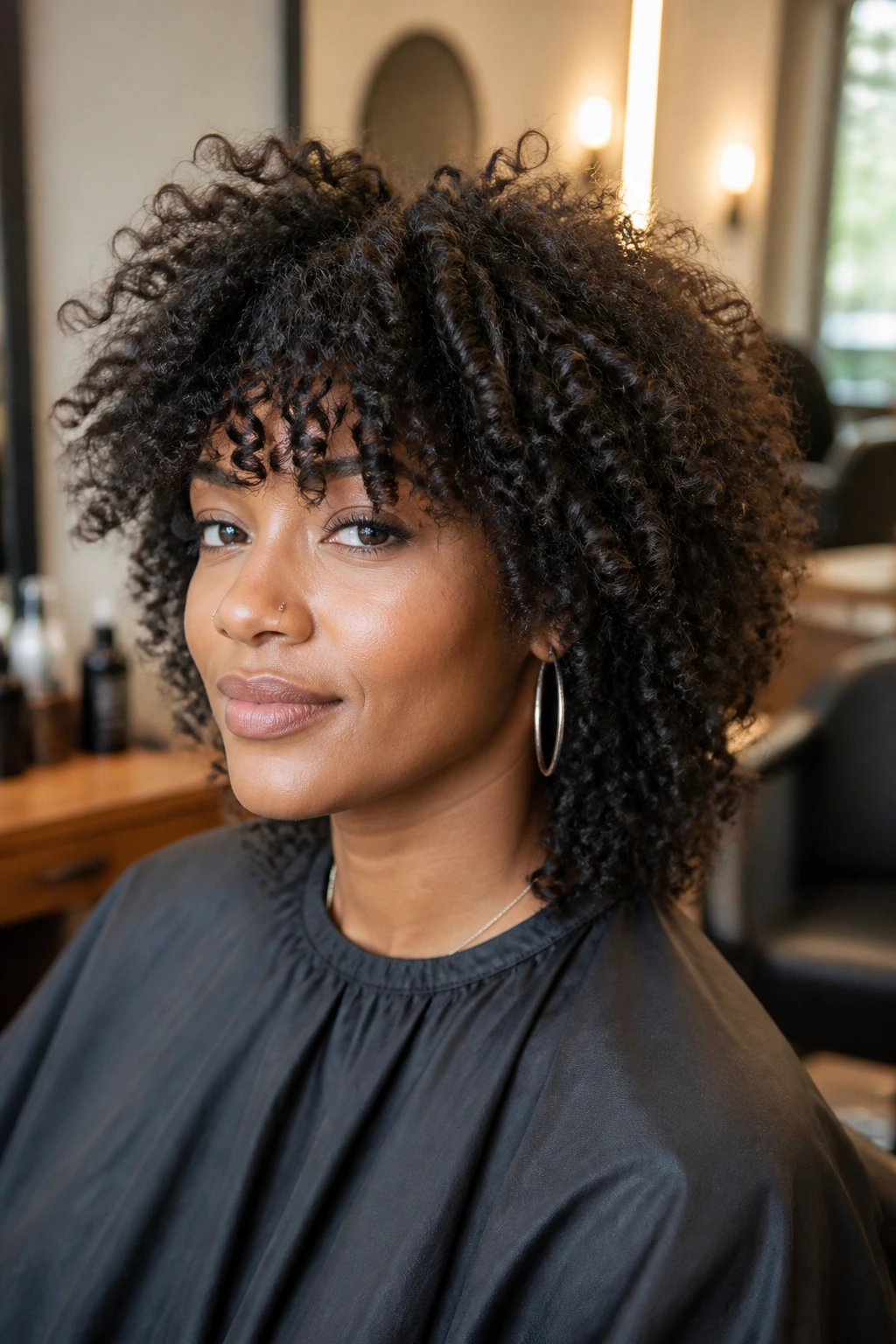 Medium close-up of a person in a salon chair showing layered shag hairstyle.