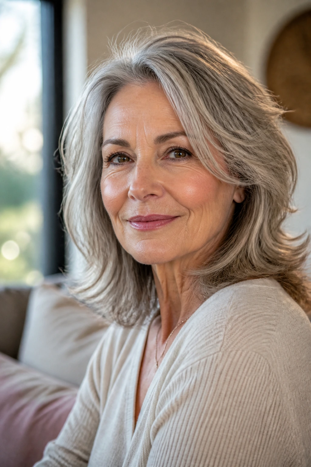 Close-up portrait of a woman over 60 with medium-length layered hair showing texture and lift