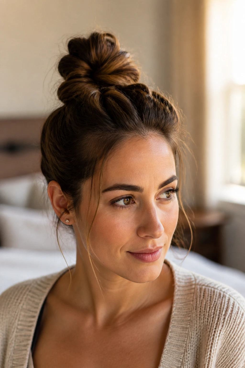Close-up of a real woman with a lazy-day twisted knot at the crown in a sunlit bedroom