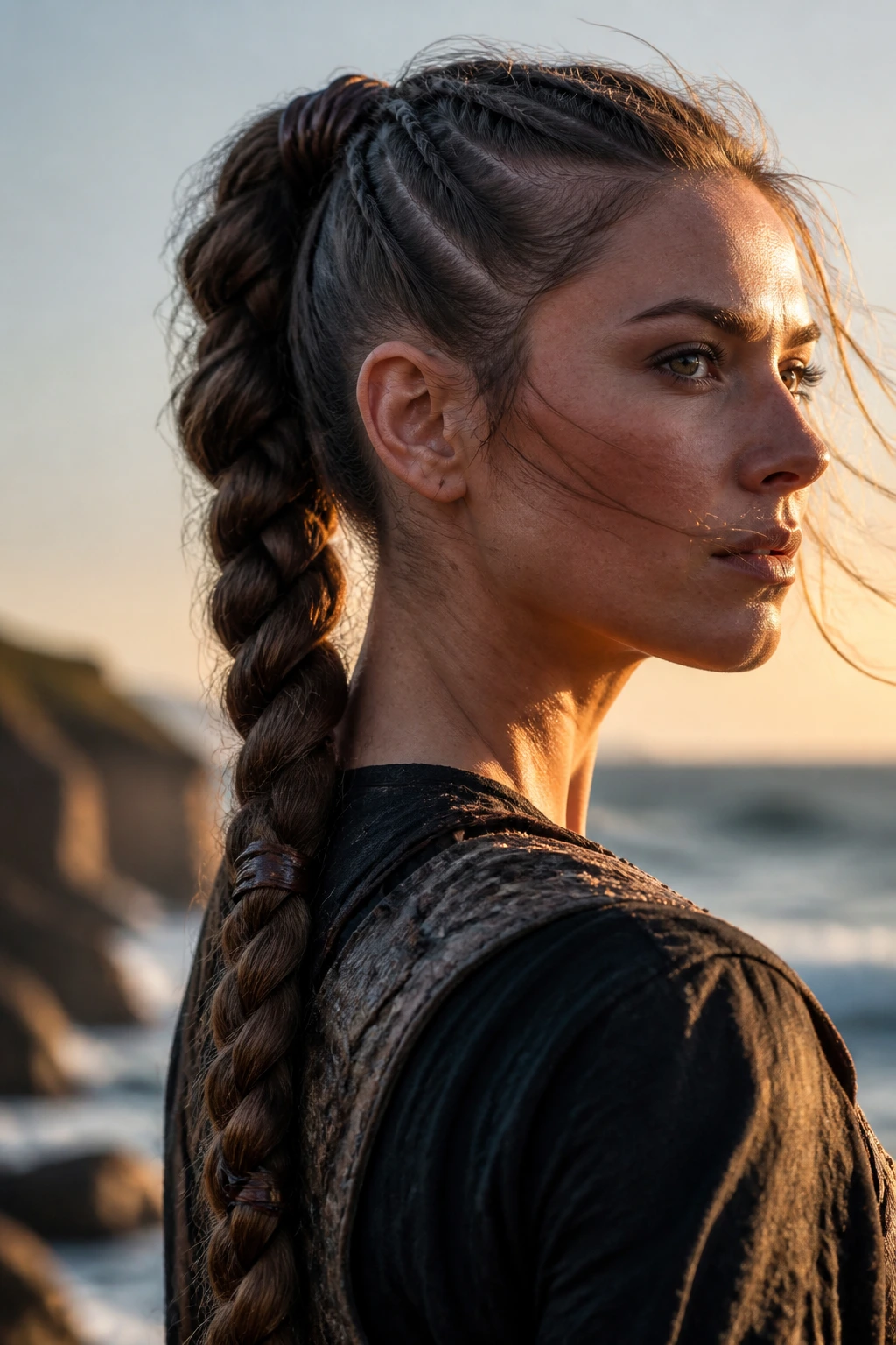 Close-up of a real woman with a leather-wrapped braided ponytail at golden hour by the coast.