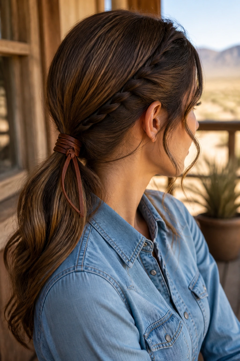 Leather-cord ponytail close-up on real woman with leather wrapped base.