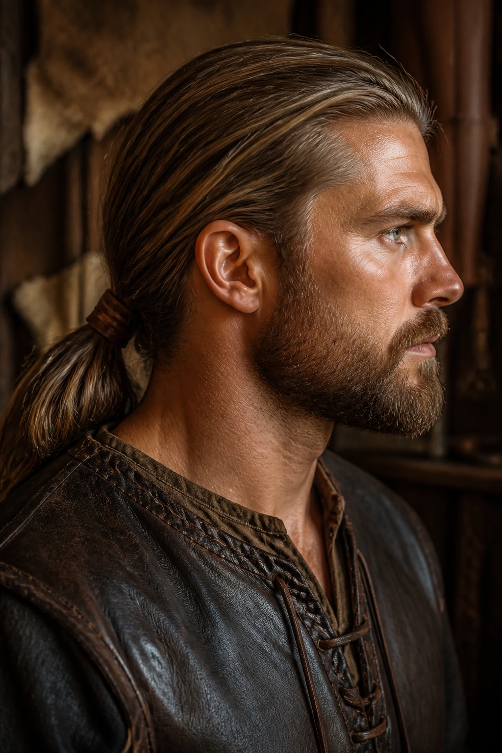 Close-up of a man with a leather-tied low ponytail and defined beard