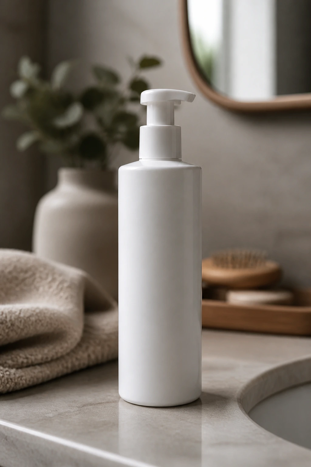 Plain white bottle with no label on a bathroom counter, representing leave-in conditioner