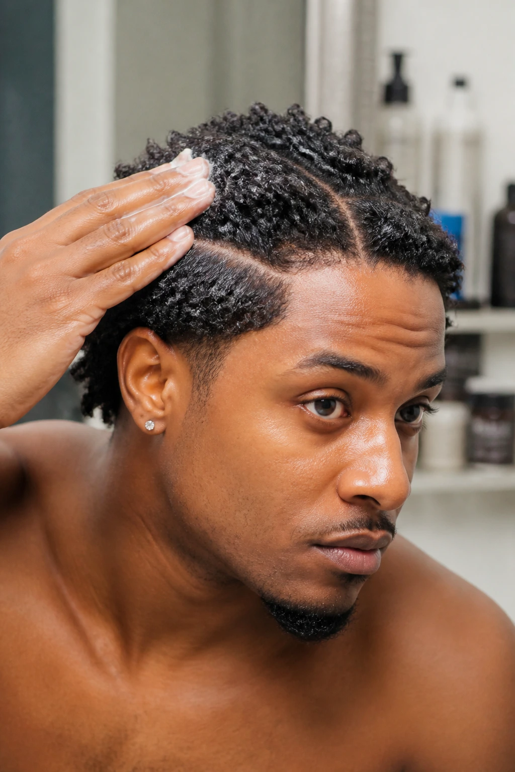 Man applying leave-in conditioner to braided hair in a bathroom setting