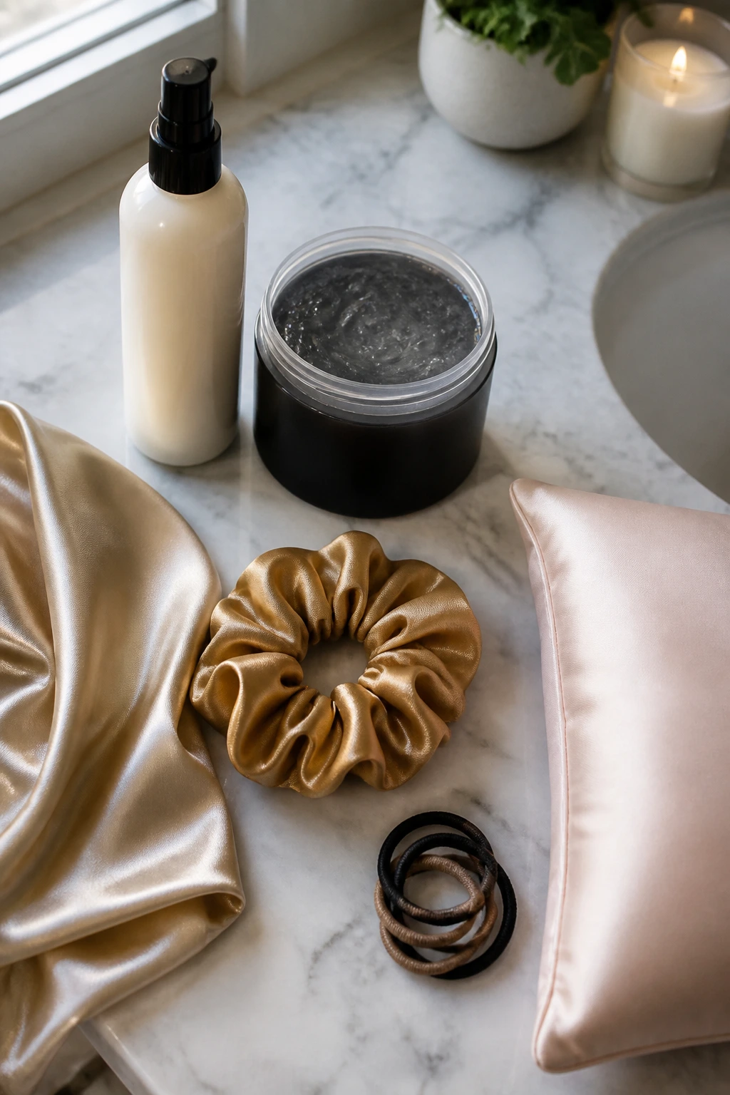 Product shot of leave-in conditioner, gel, and satin accessories for puff ponytails