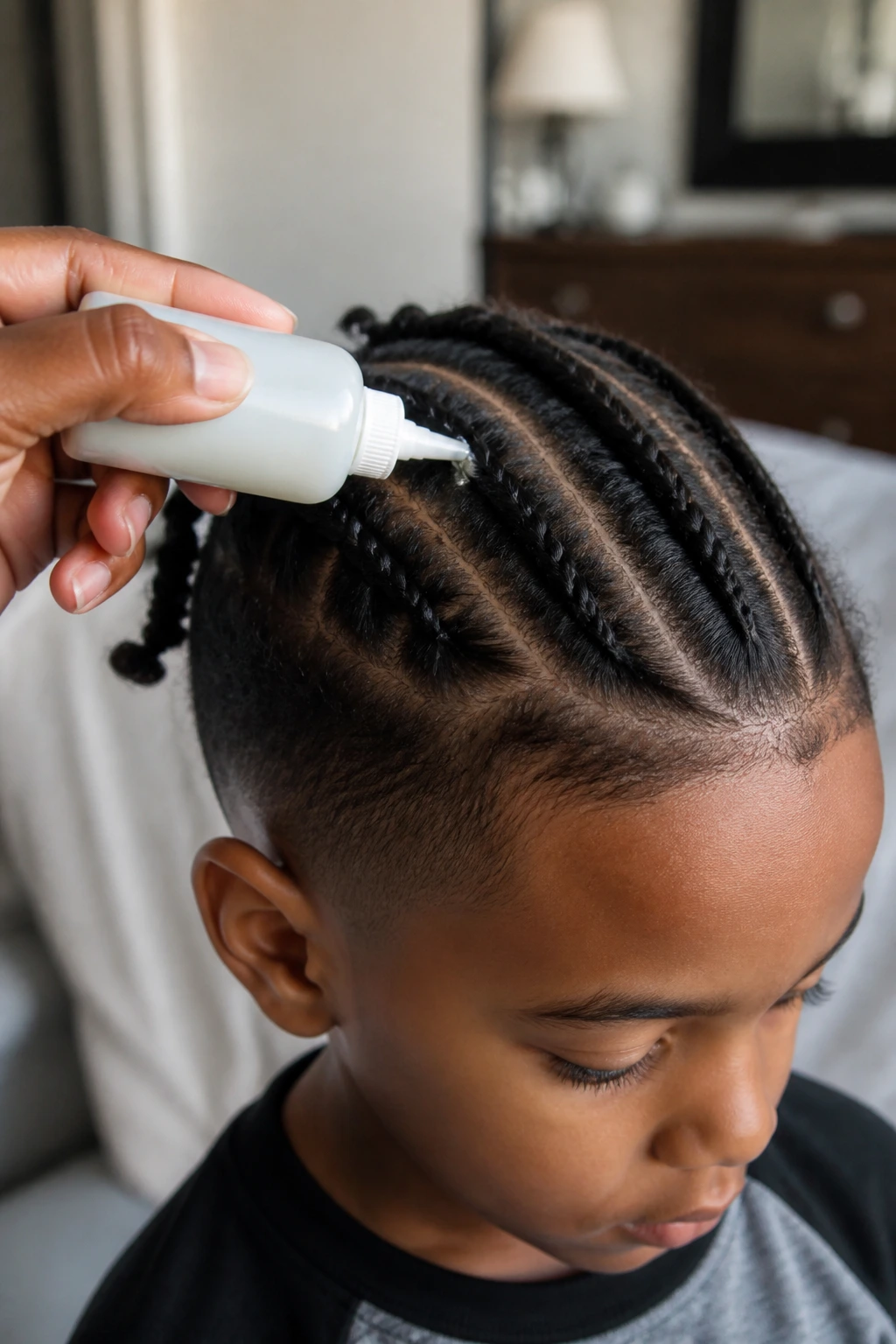 Close-up of a leave-in conditioner being applied to a boy's root area during braiding.