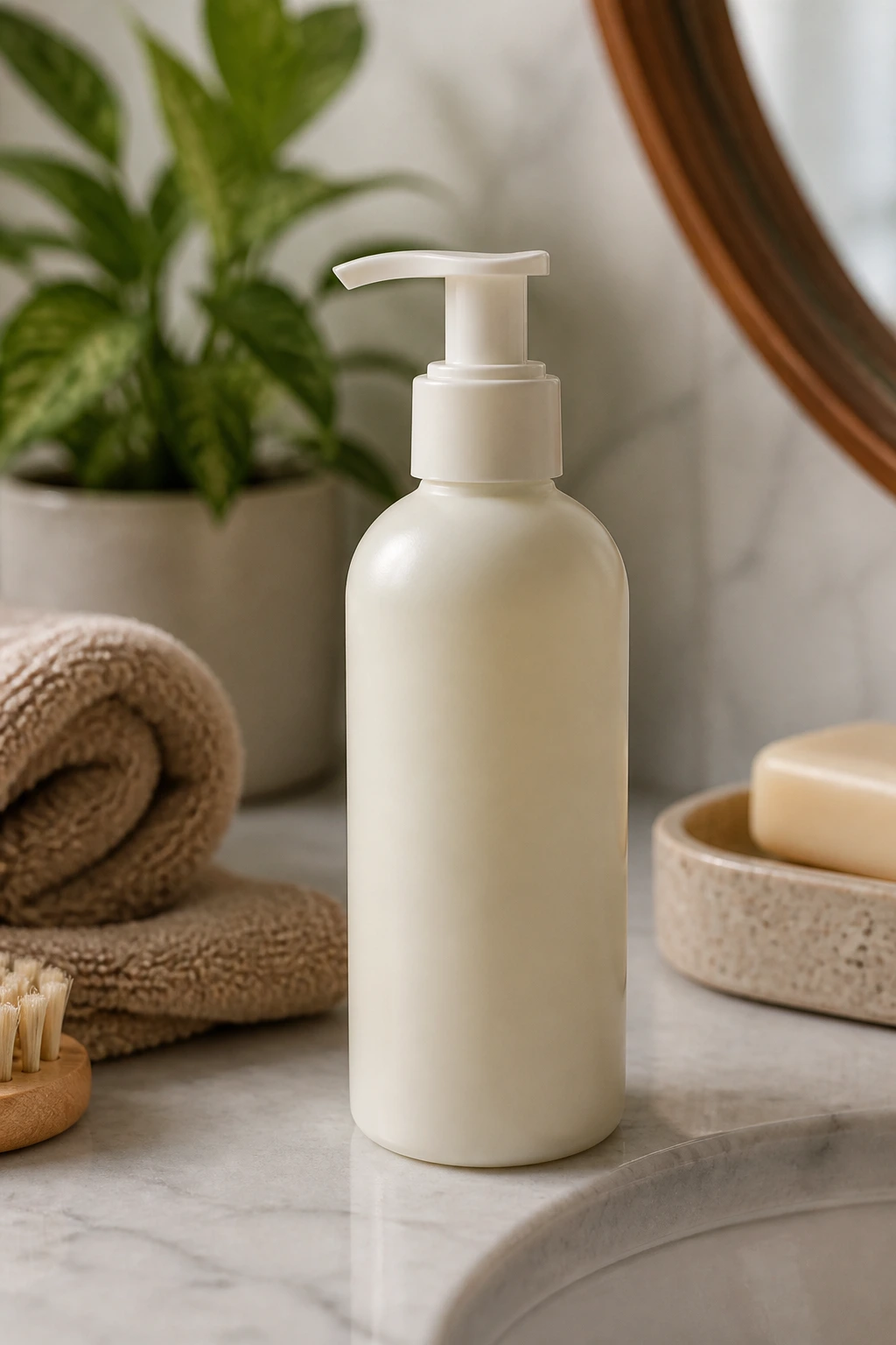 Leave-in conditioner bottle for toddlers' curls on bathroom counter