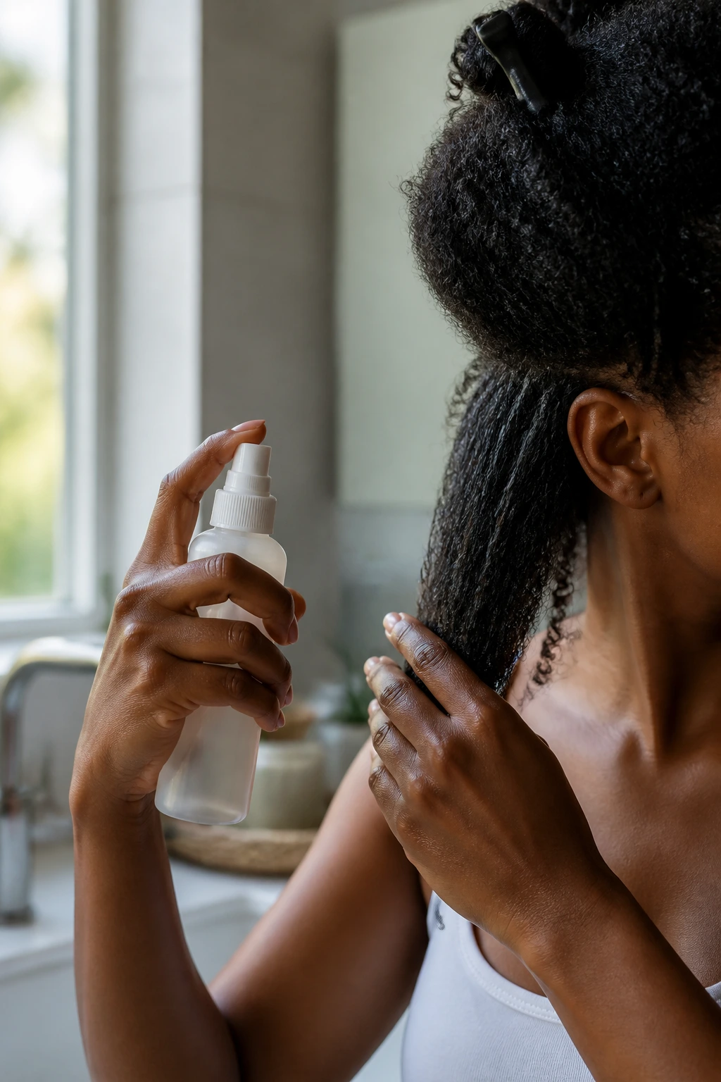 Hands applying leave-in conditioner to damp natural hair during wash-day prep