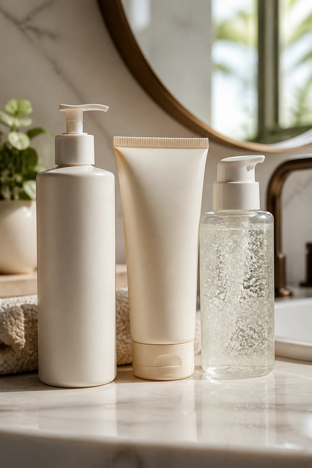 Line-up of label-free hair product containers for moisture and hold in curly hair care