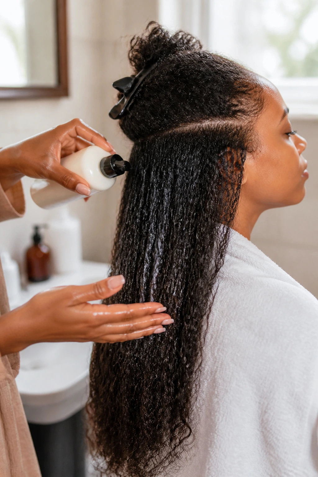 Hands applying leave-in product to long hair on a real person
