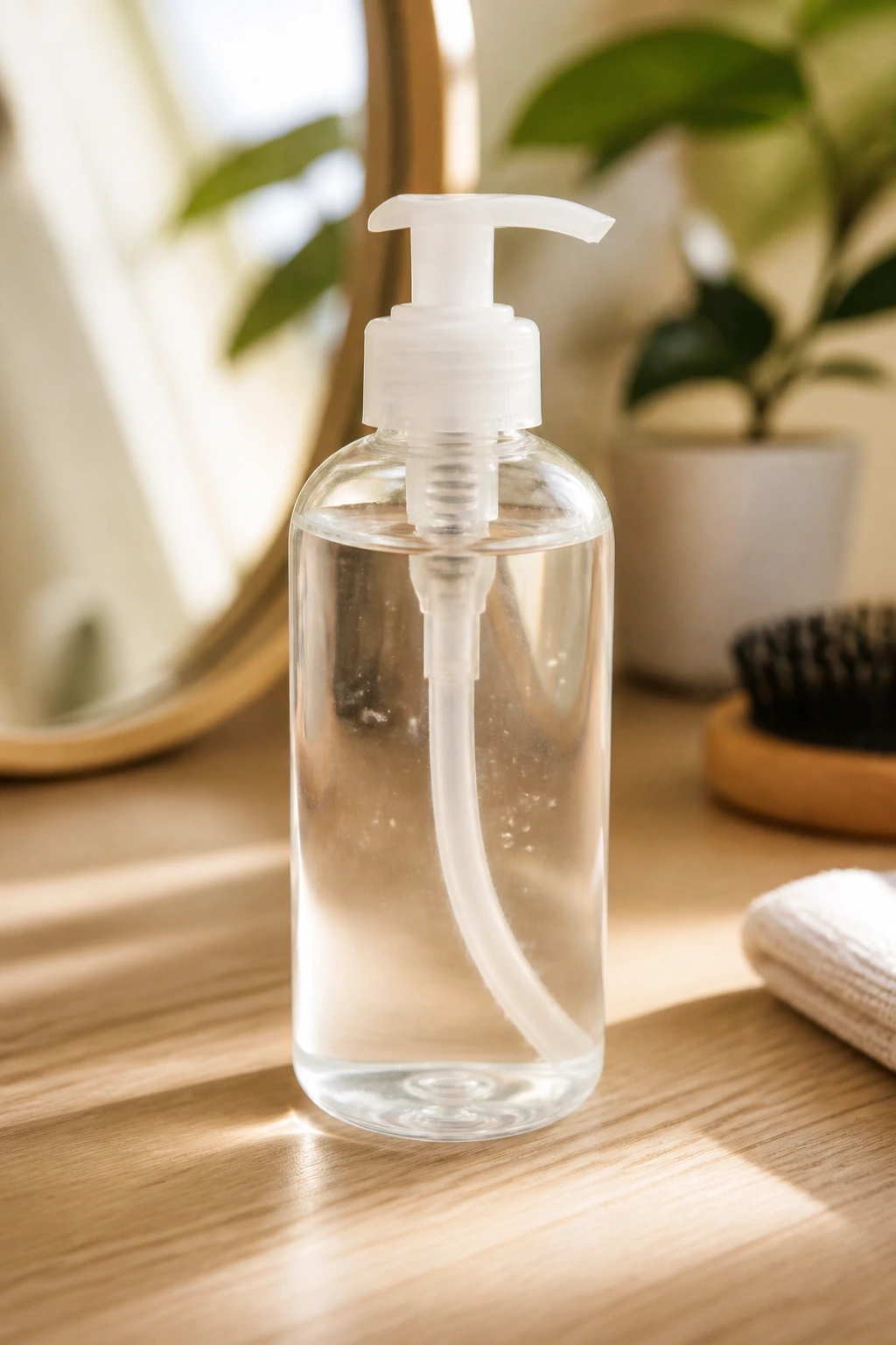 Close-up of a clear pump bottle representing lightweight products for fine curls