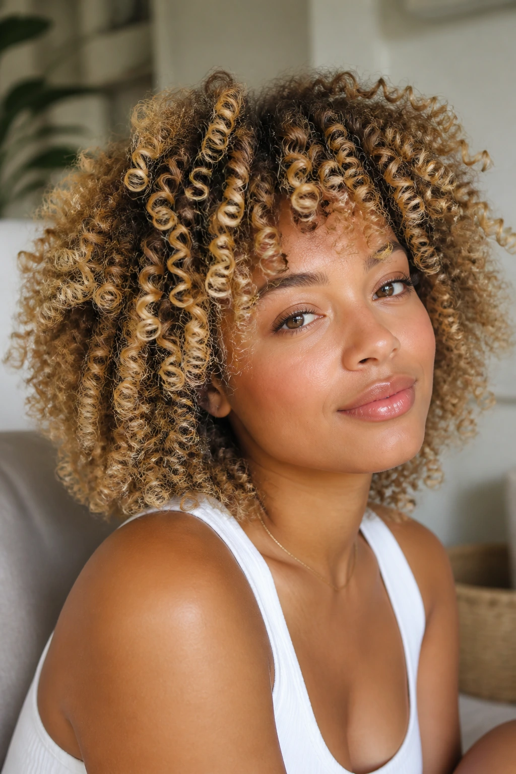 Close-up of a real woman with lemon-chiffon highlighted curls surrounding her face