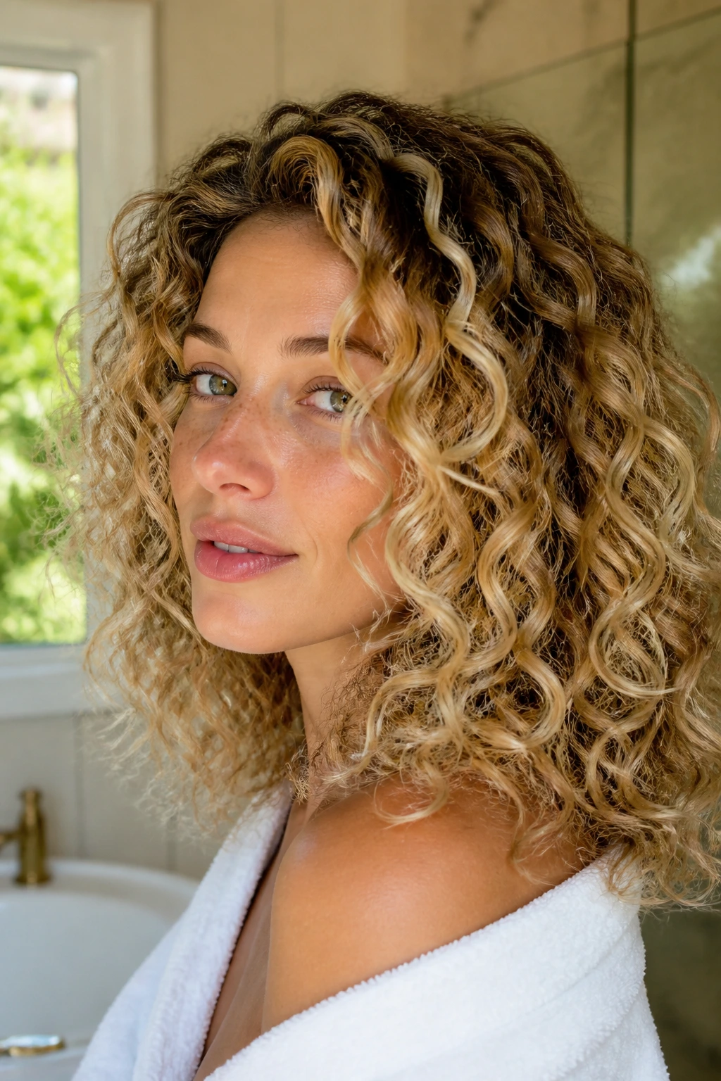 Portrait of a woman with lemon custard highlights on curls, airy and soft