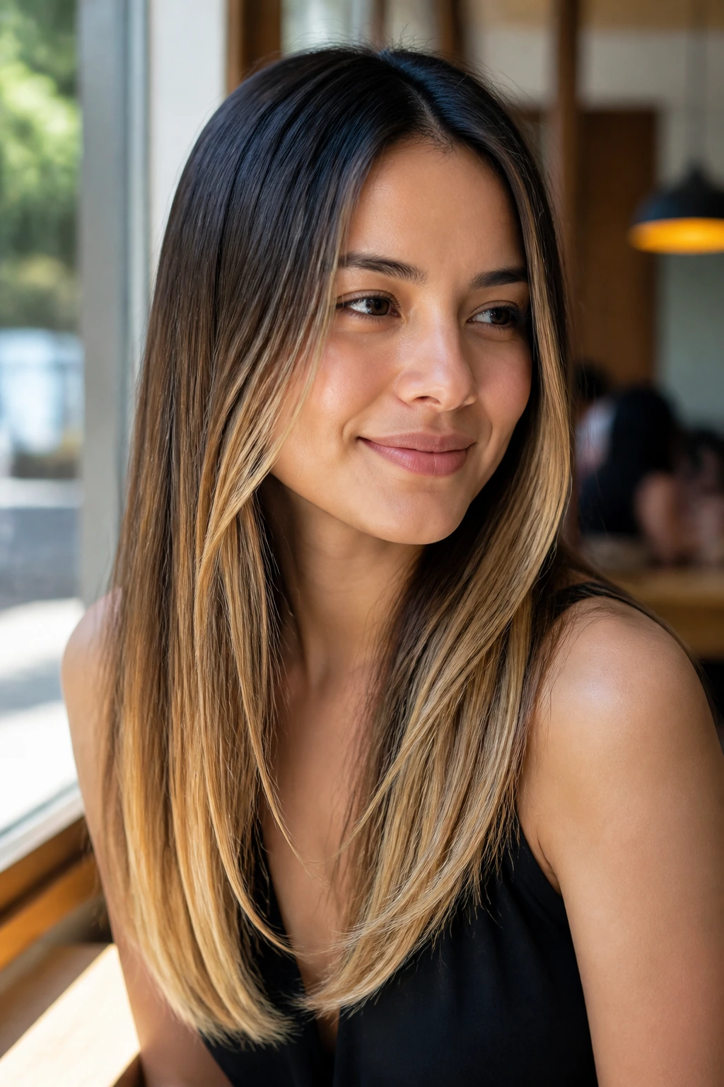 Close-up portrait of a woman with lemon-tea ribbon ends in straight hair