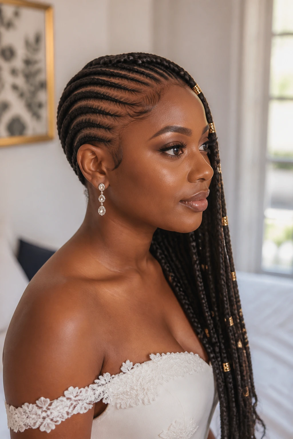 Real woman with lemonade braids and accent cuffs, side view