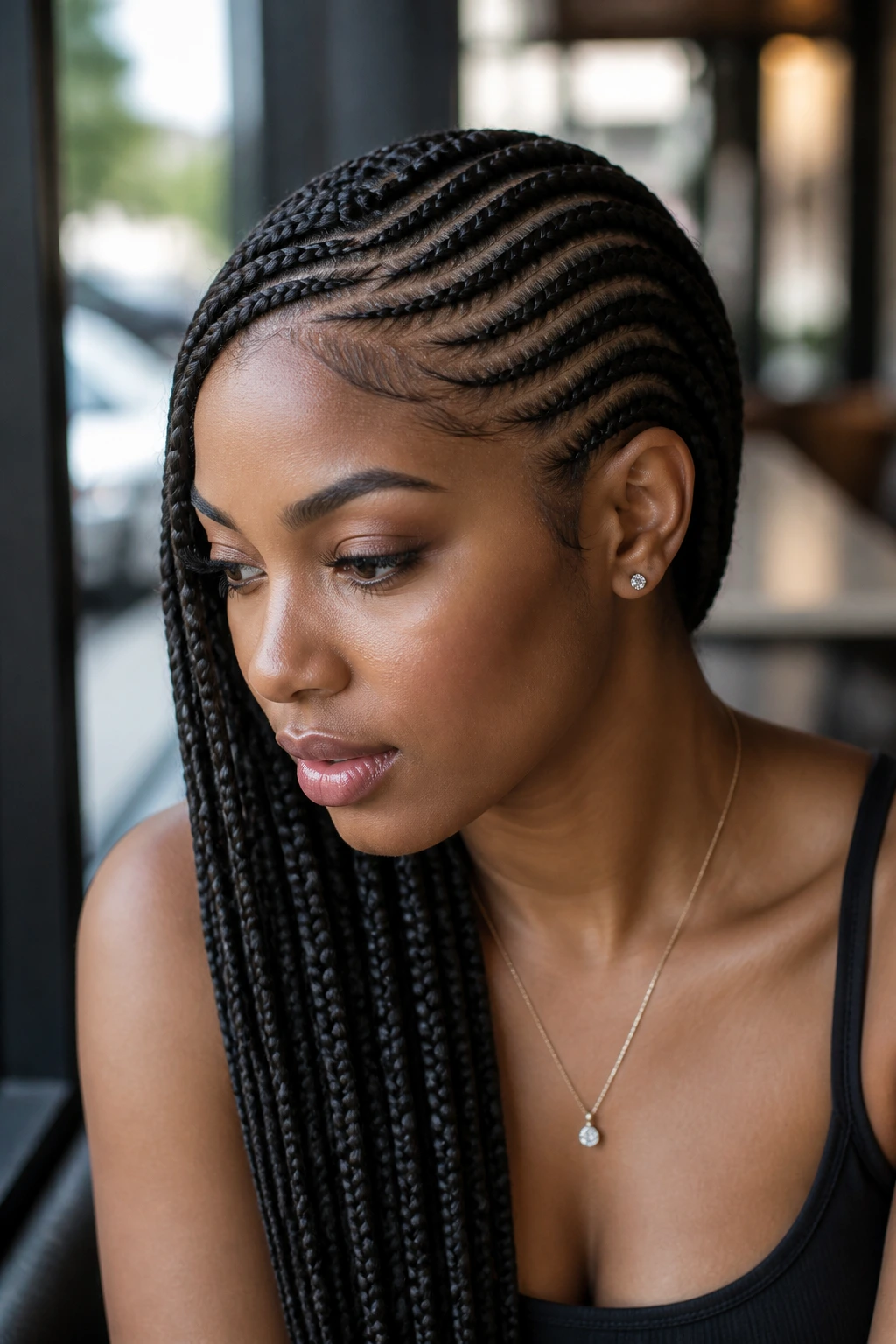 Close-up of a Black woman with lemonade braids fed-in along a diagonal side part.