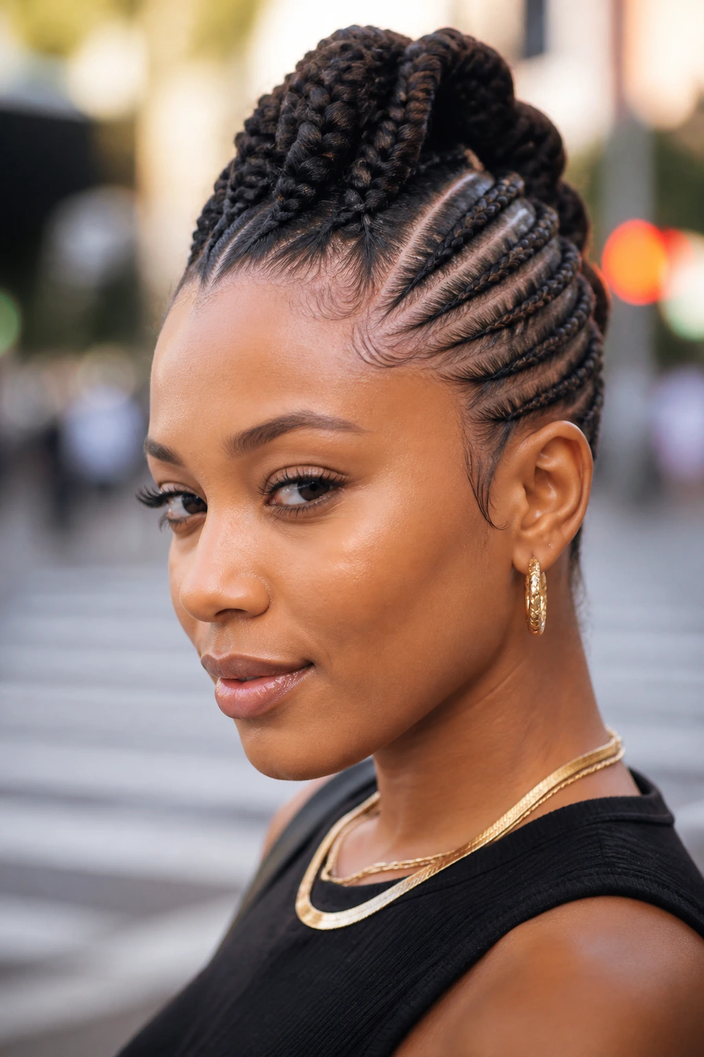 Real woman with lemonade braids molded into a center mohawk, portrait