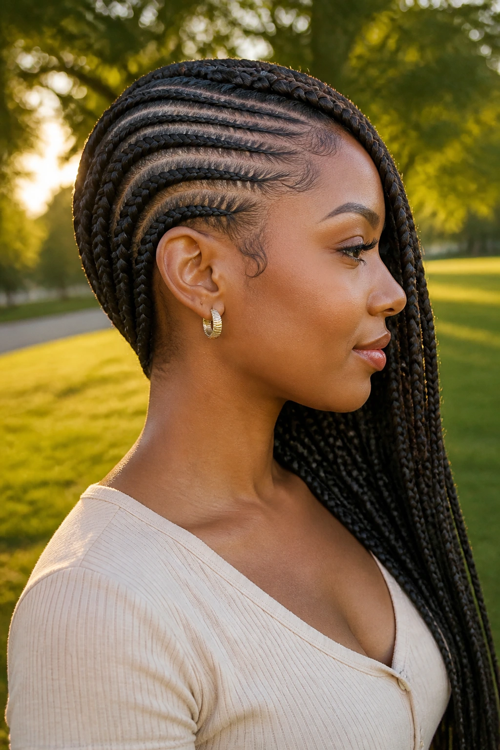 Profile of a woman with lemonade braids swept to one side in golden hour light