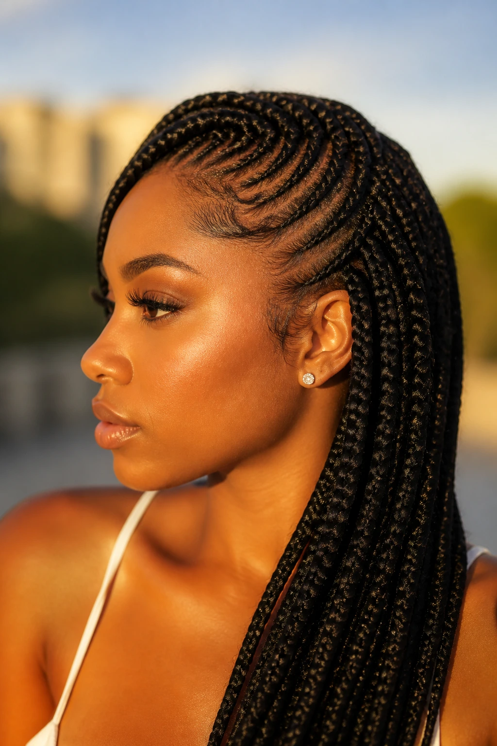 Side-profile of lemonade braids swept to one side