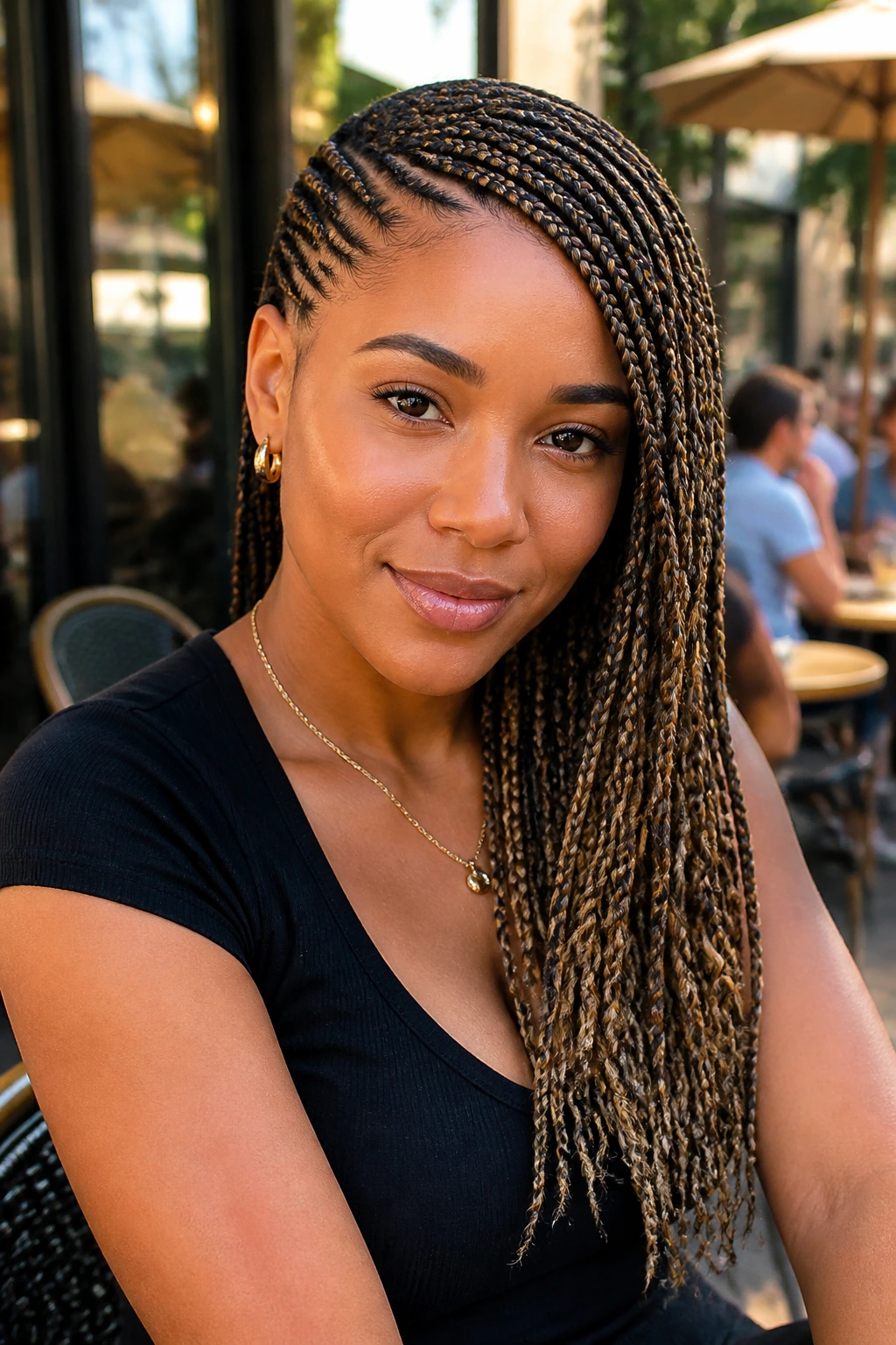 Portrait of a woman with side-swept lemonade braids over her shoulder in a sunny cafe