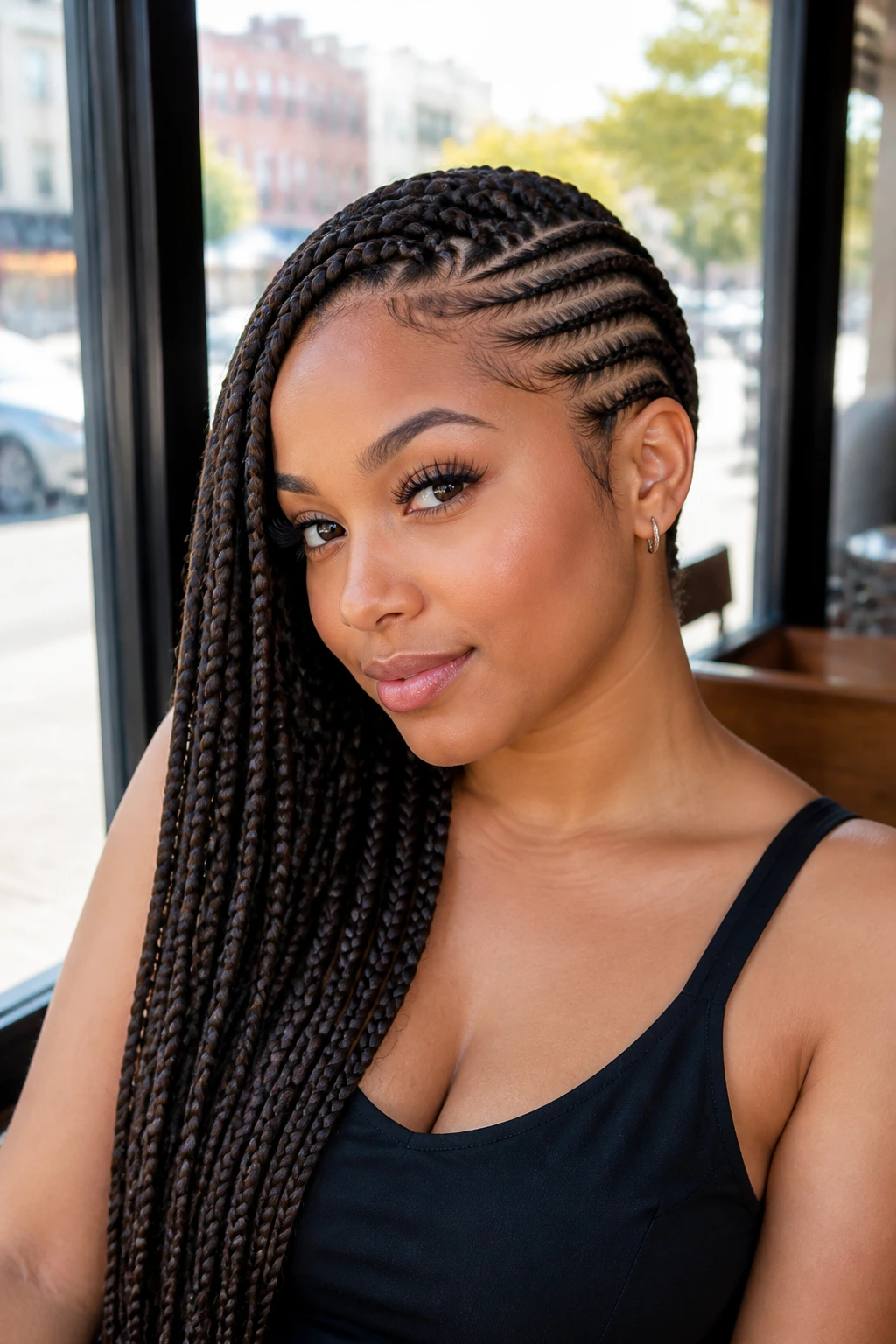 Close-up of a Black woman with side-swept lemonade braids at a cafe window