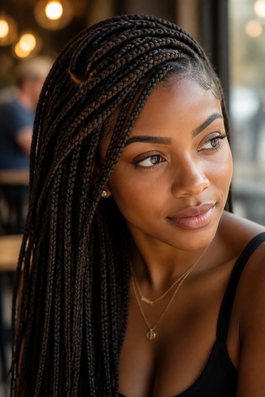 Close-up portrait of a real woman with lemonade braids swept to the side and a visible side part.