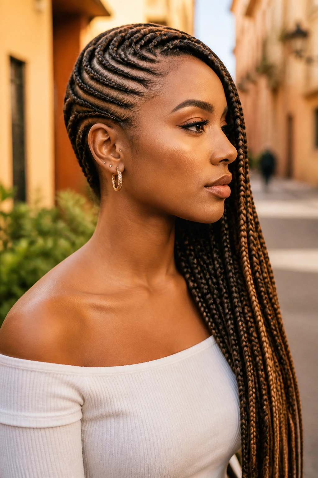 Side-profile of a woman wearing lemonade braids in golden hour light