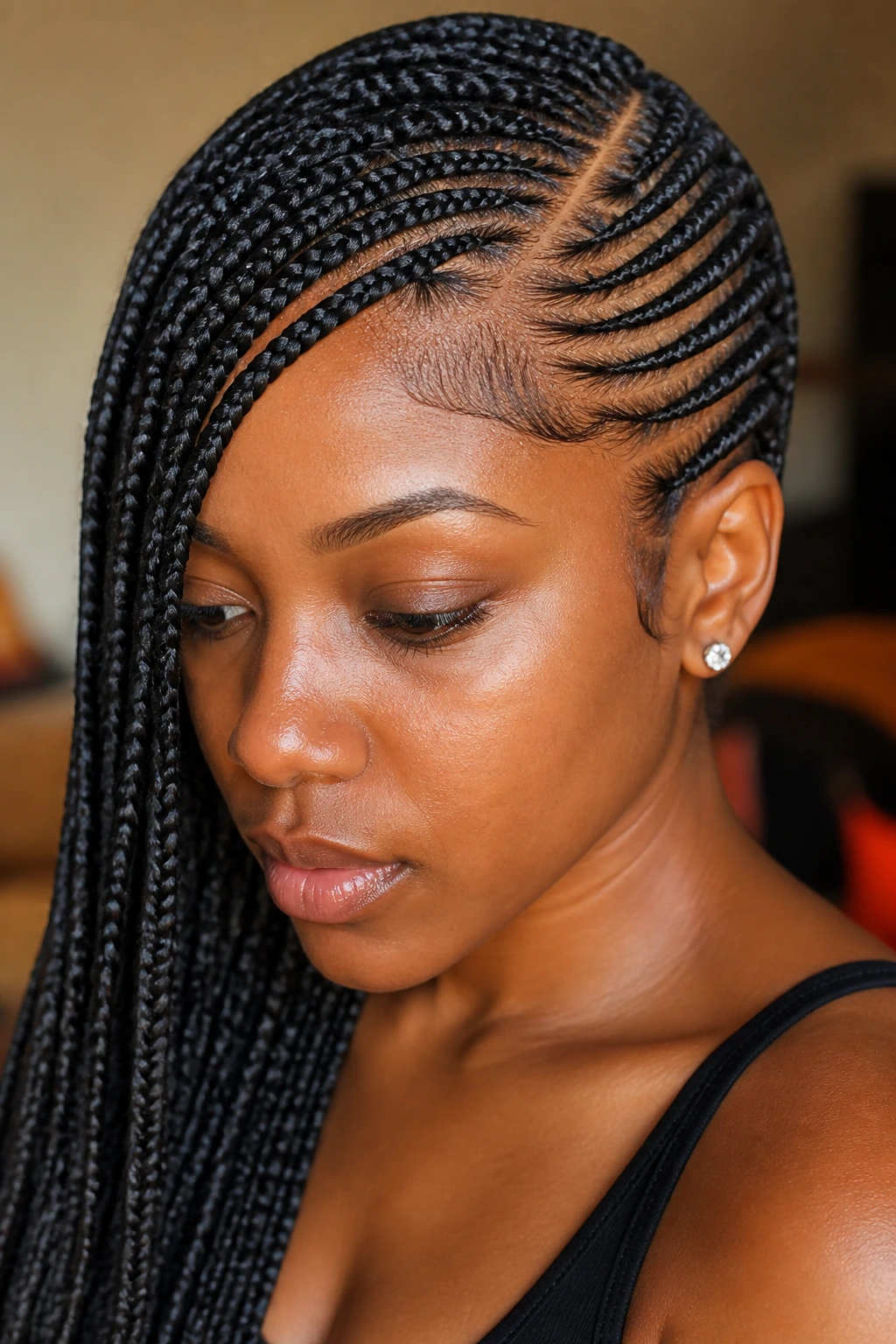 Close-up of a real woman with lemonade braids along a deep side part, dramatic diagonal braid line with warm window light