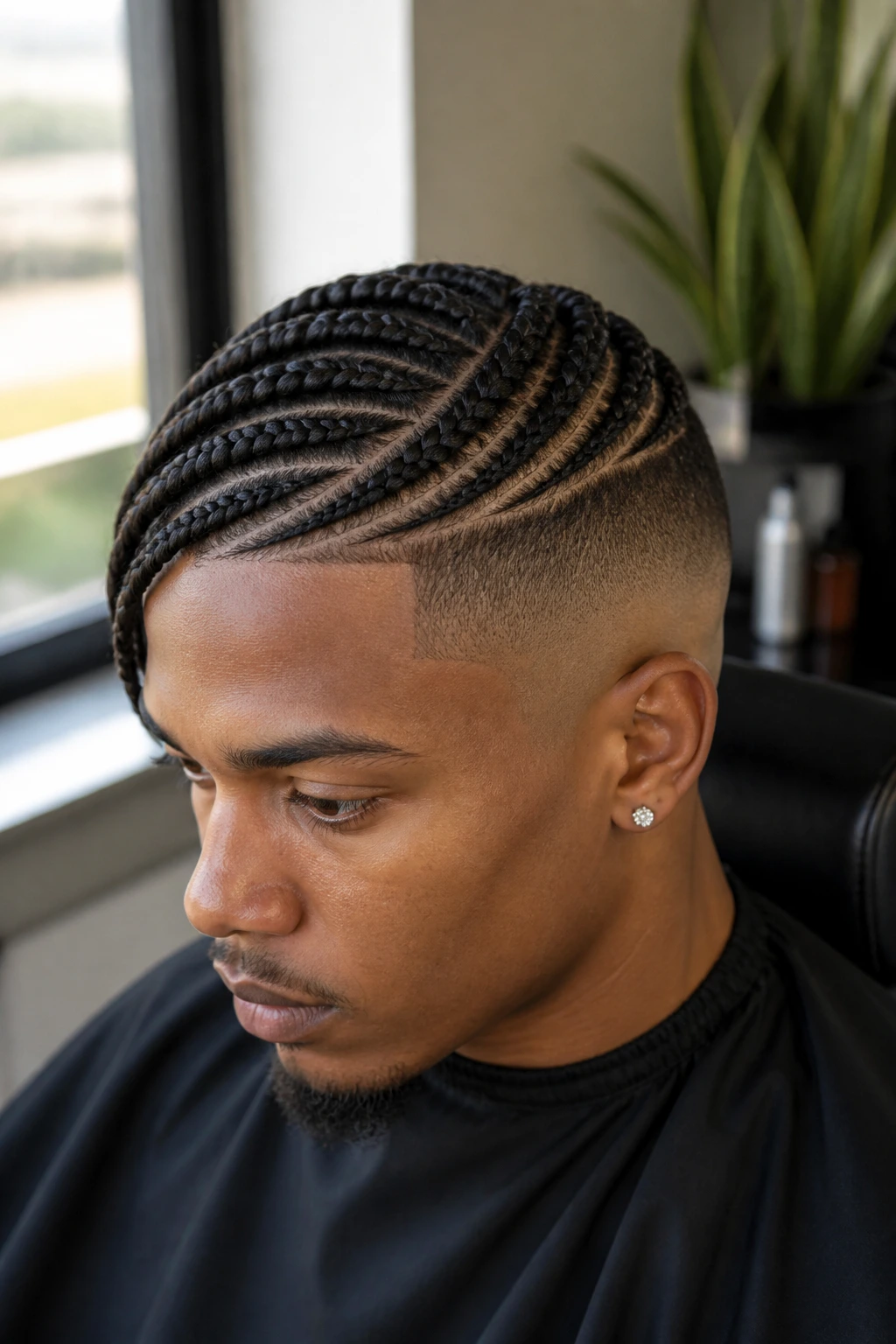 Medium close-up of side-swept lemonade braids over a skin fade on a real person