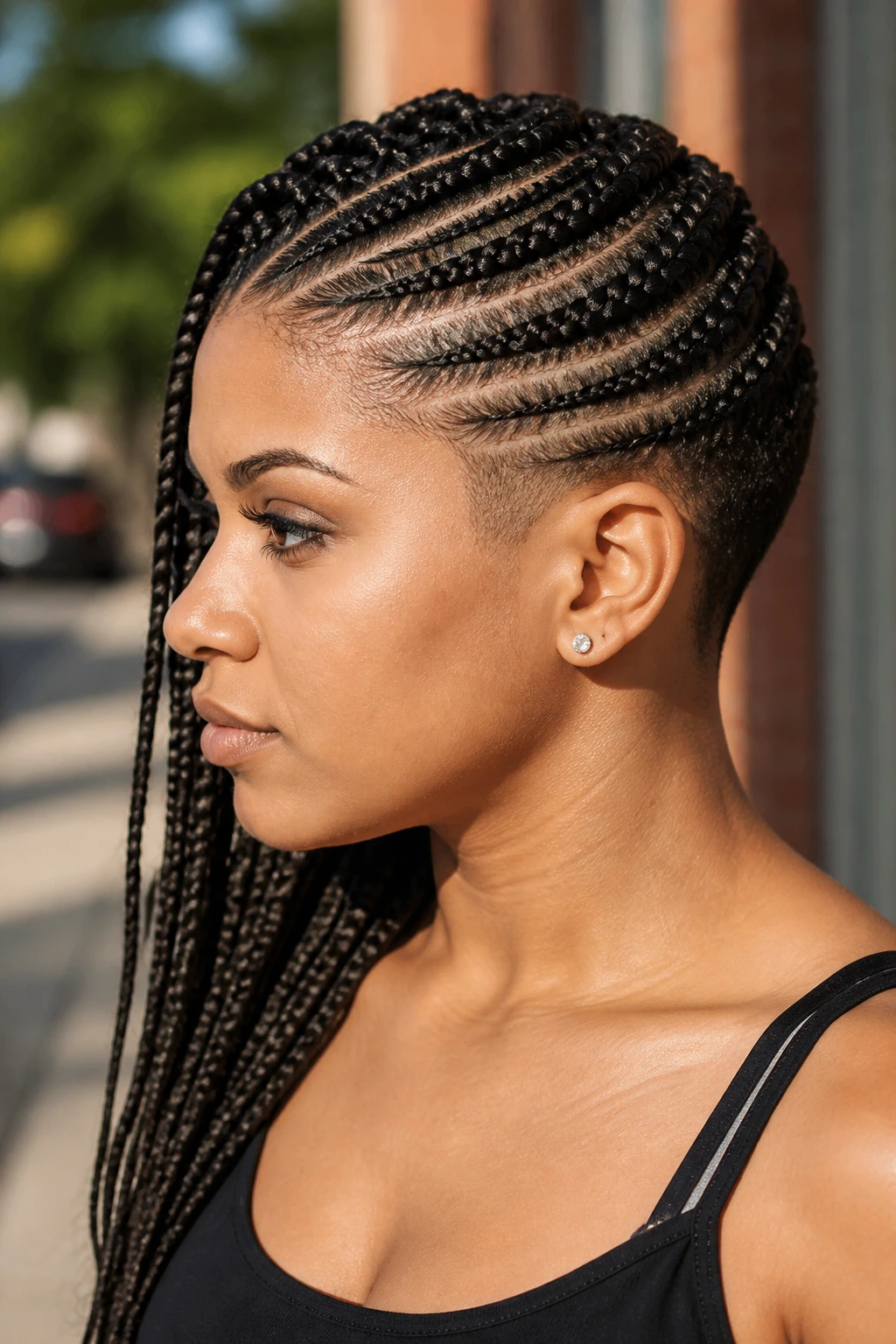 Portrait of a woman with lemonade braids and a low taper fade