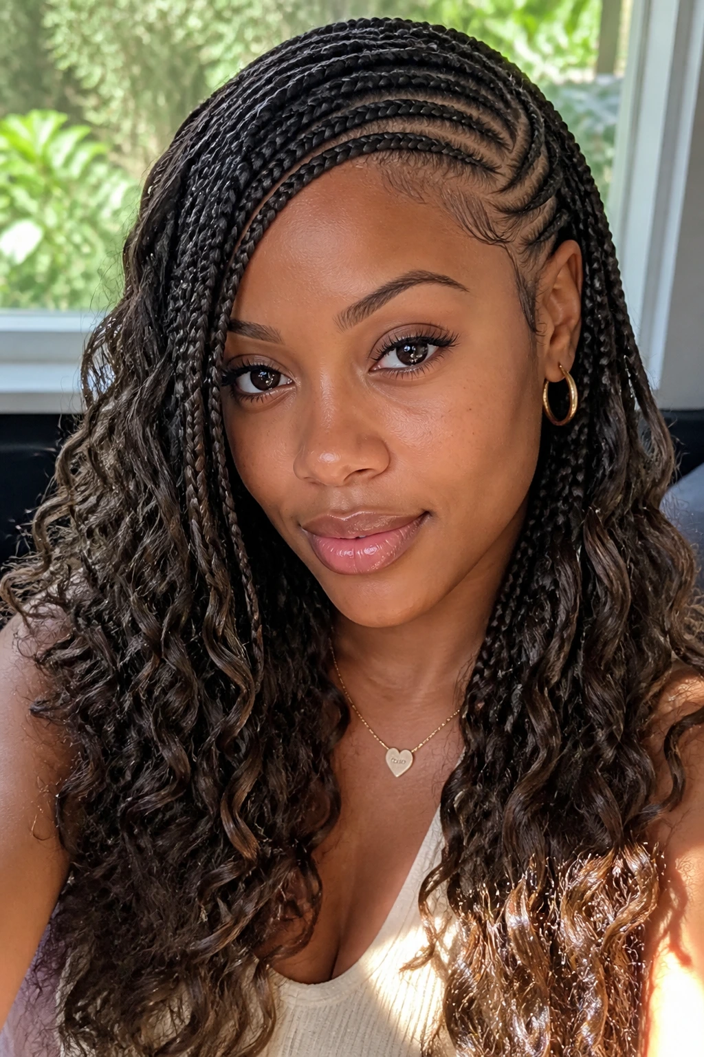 Close-up of a real person with lemonade braids and wavy ends