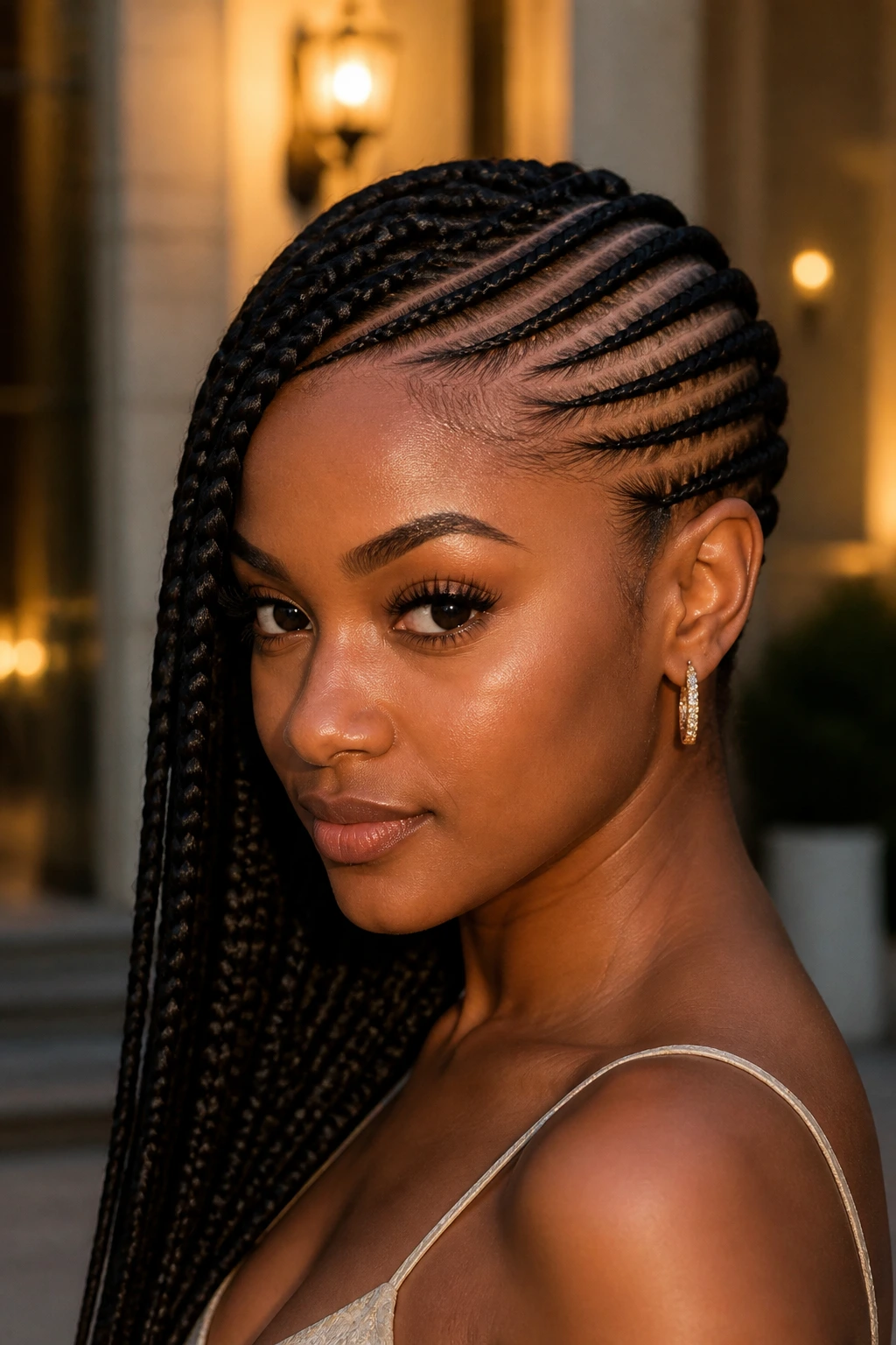 Real person with lemonade-style side cornrows sweeping to one side