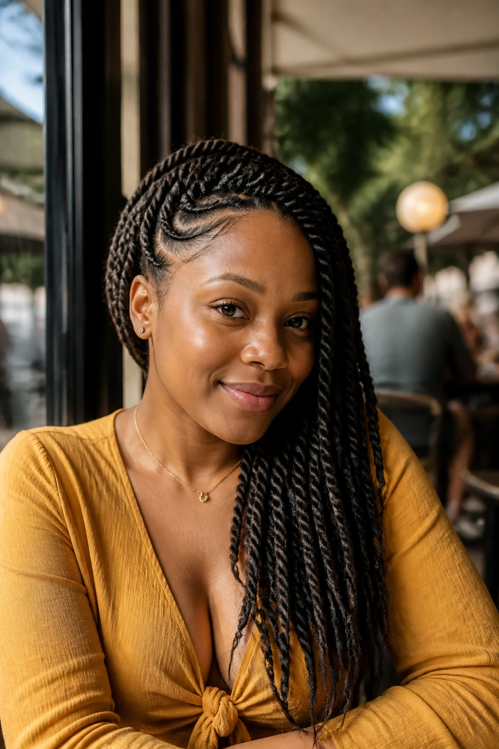 Close-up of a woman with lemonade style side sweep twists sweeping to one side
