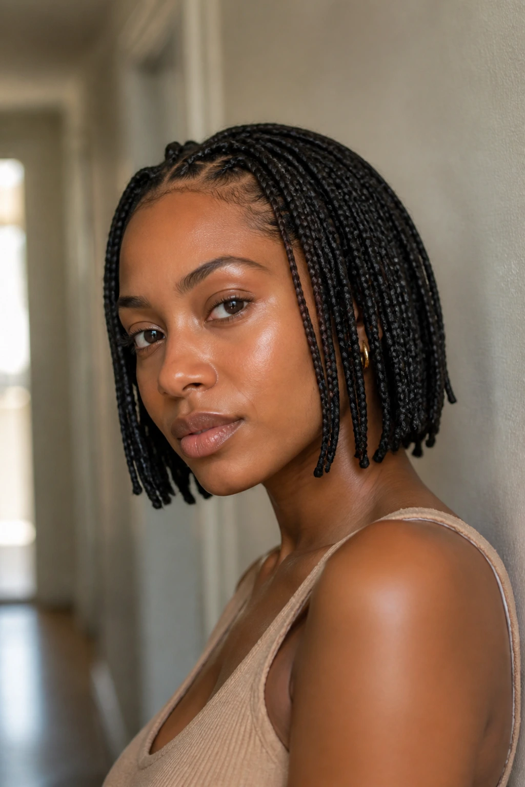 Portrait of a real person with chin-length box braids demonstrating length-based styling options