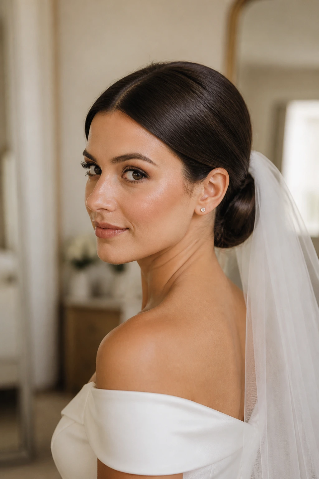 Bride with thick straight hair in a sleek low knot