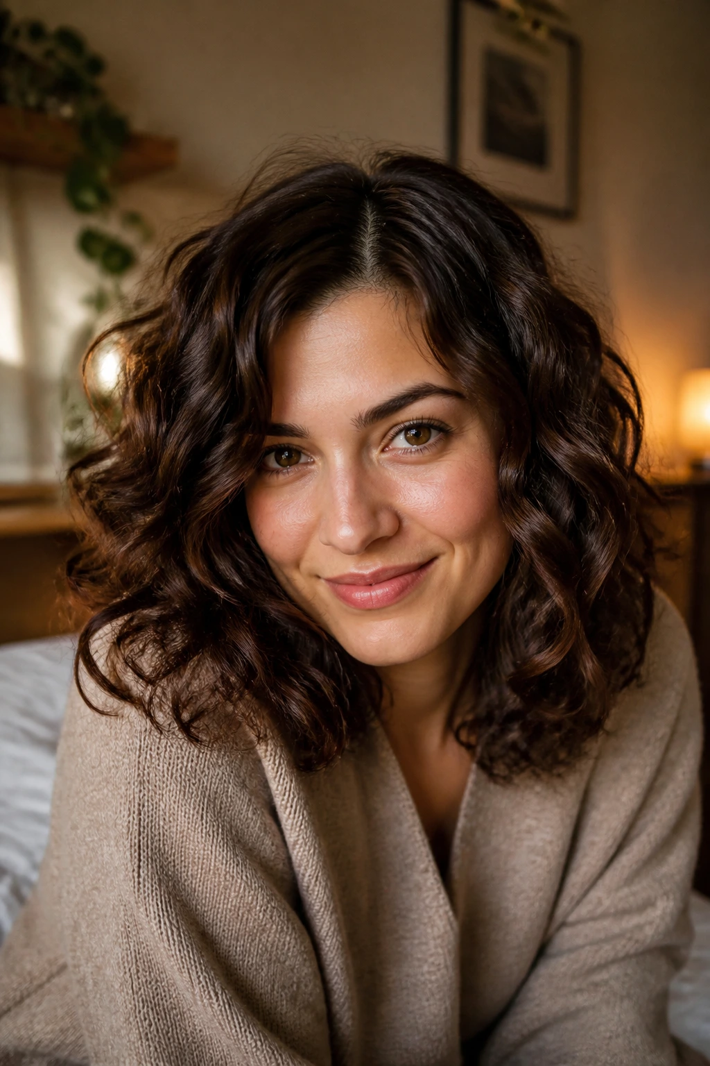 Portrait of a real person with medium-length dense wavy hair and balanced part