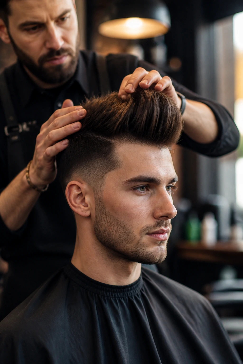 Man in barber chair with quiff height being adjusted by stylist