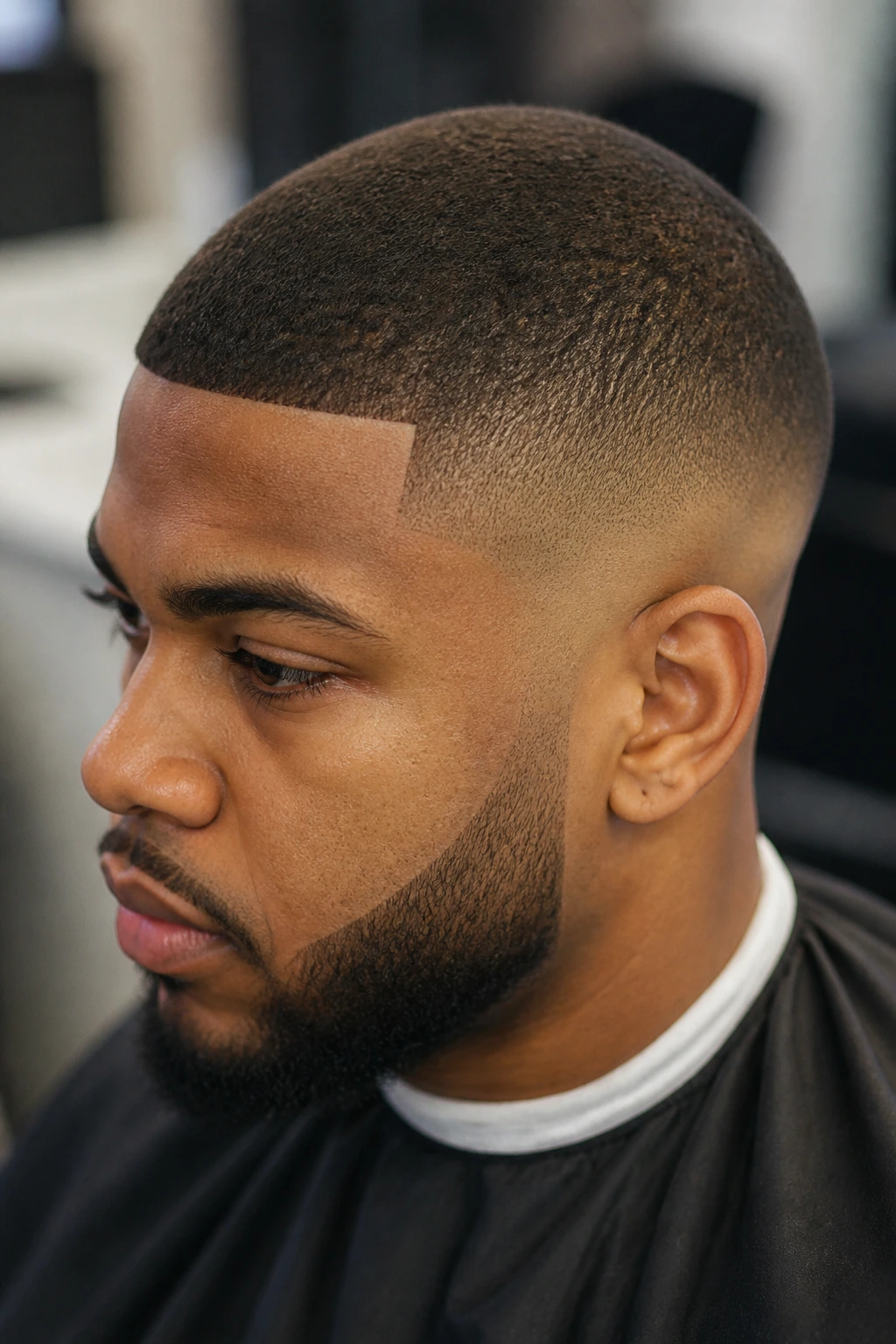 Close-up portrait showing buzz cut length, fade, and hairline