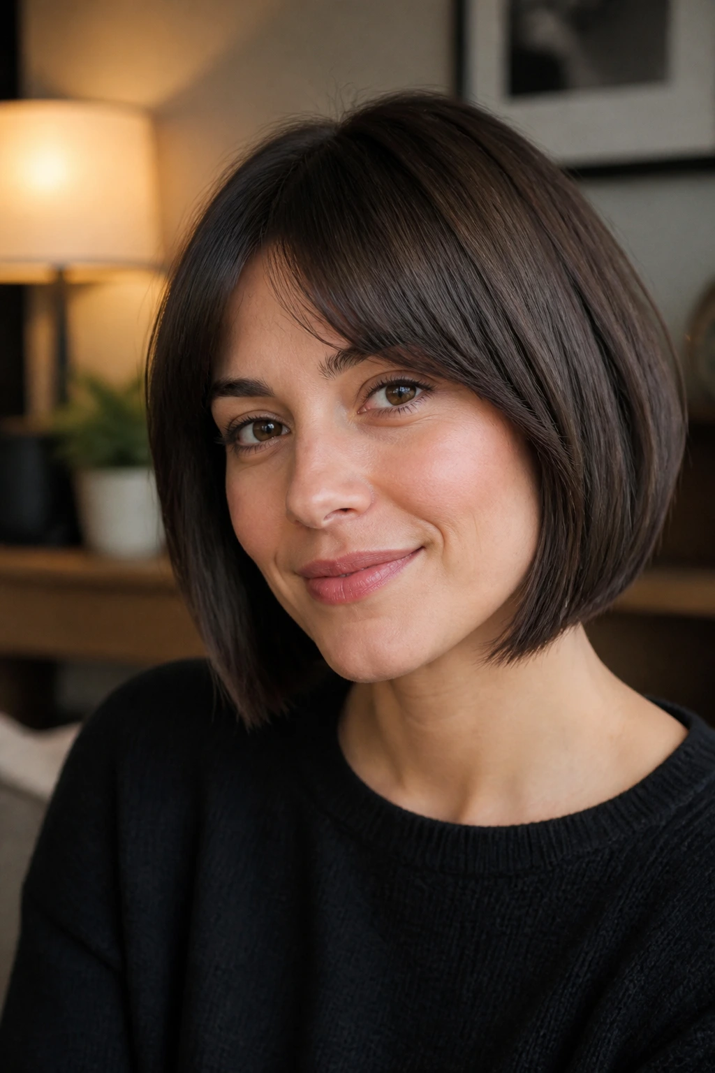 Real woman showing bob length and fringe options