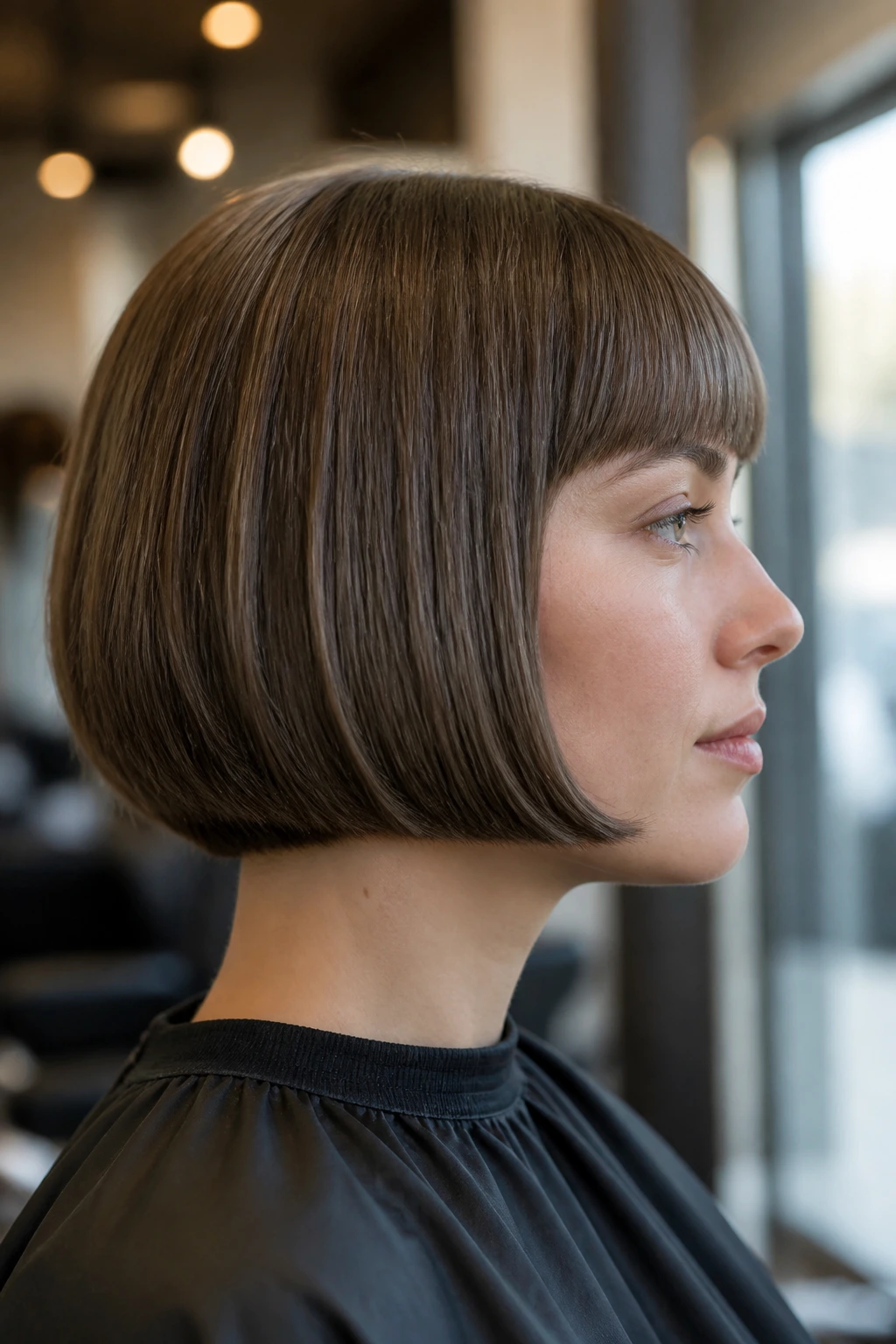 Profile of real client in salon chair showing desired length and fringe for pageboy