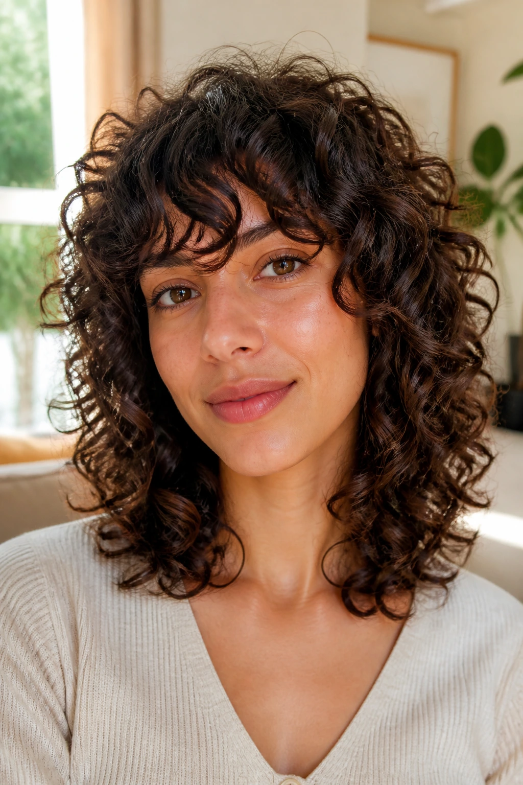 Portrait of a real woman with length, layers, and fringe in 3A curls.