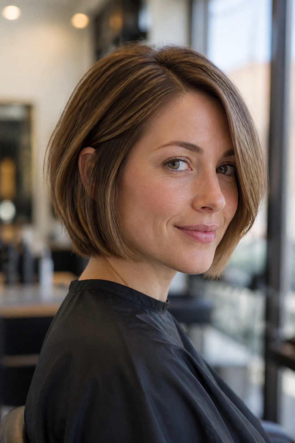 Close-up portrait of a real woman in a salon chair showing precise front length and side part