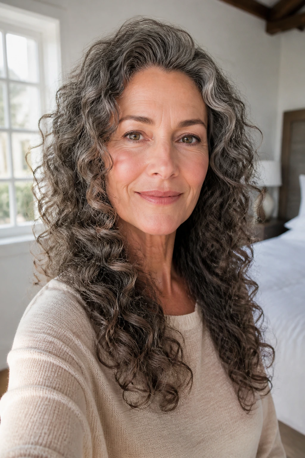 Woman with long curly hair retaining length for low maintenance, natural light.