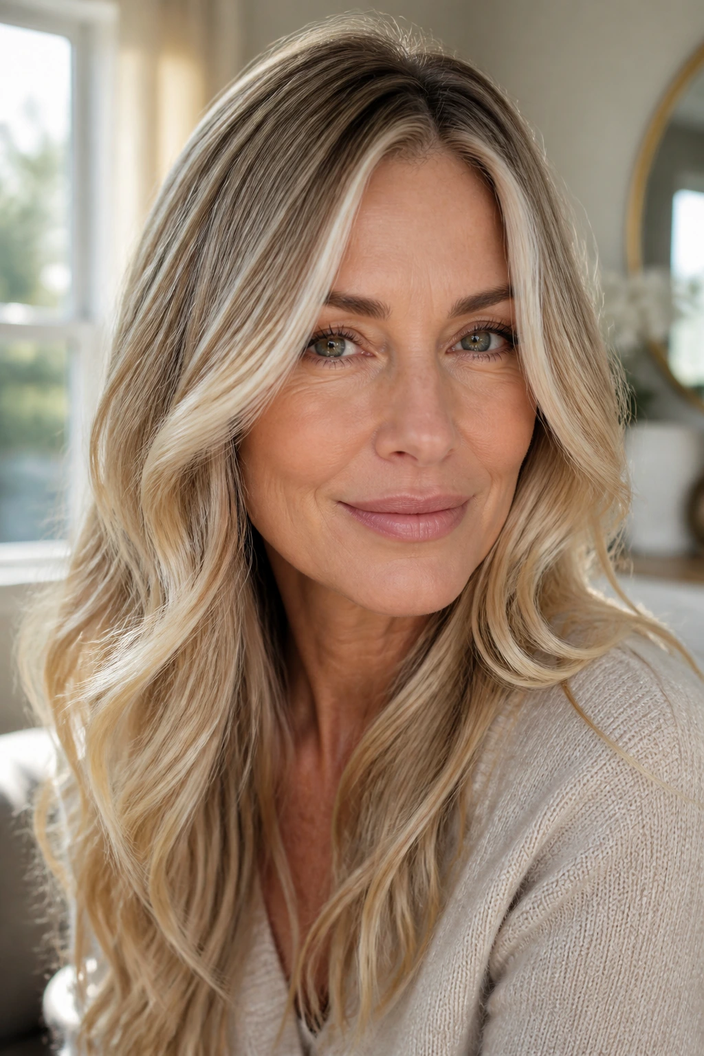 Close-up of a woman with long hair styled in waves and face-framing highlights