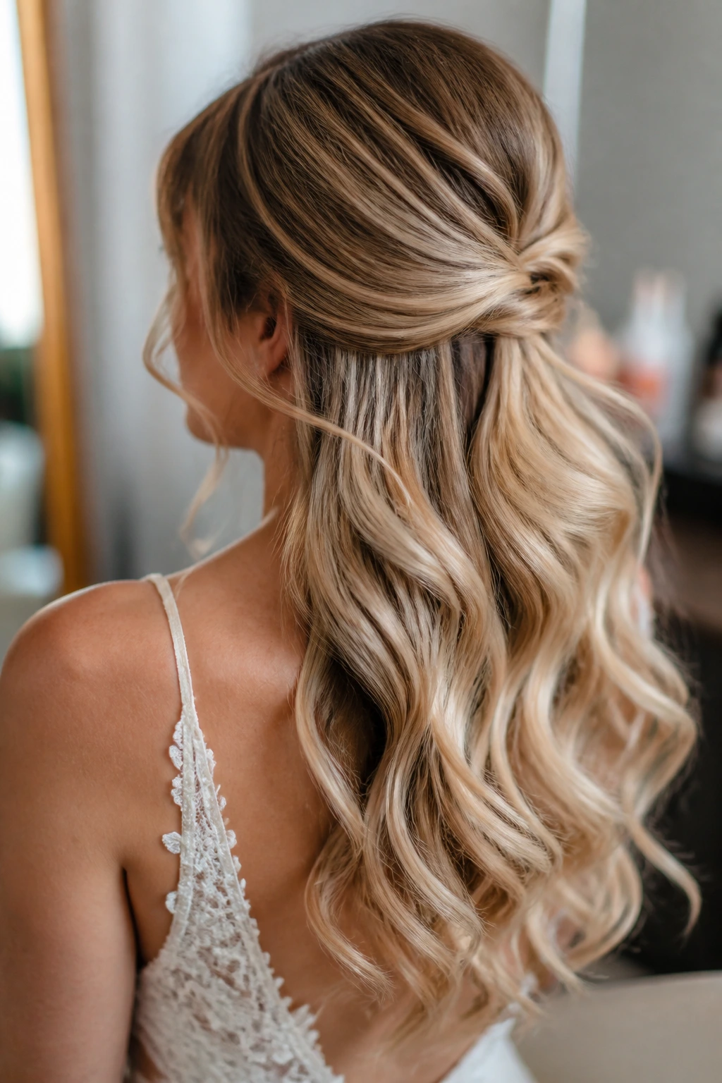 Bride from back showing length, texture, and density of extensions