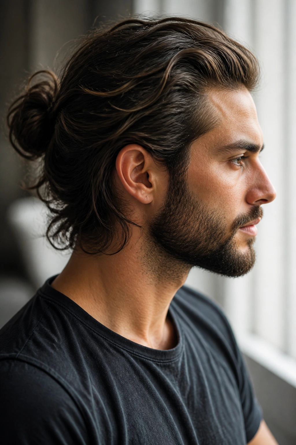Profile of a man with mid-length hair illustrating length and texture for buns