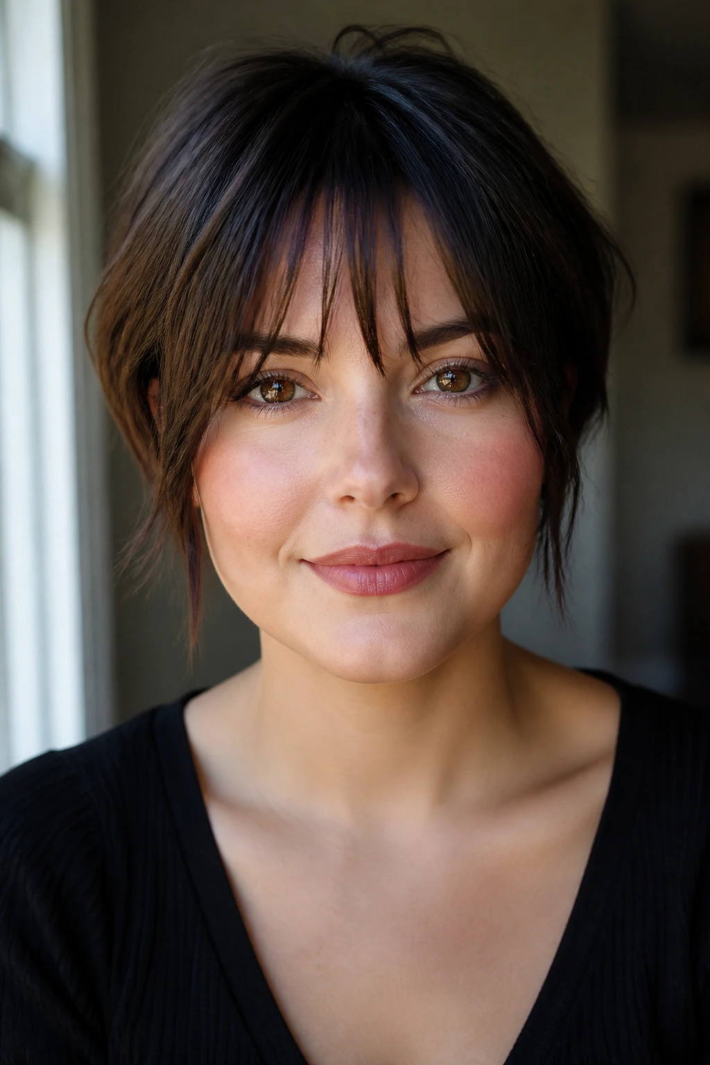 Close-up portrait of a round-faced person with a lengthening fringe.