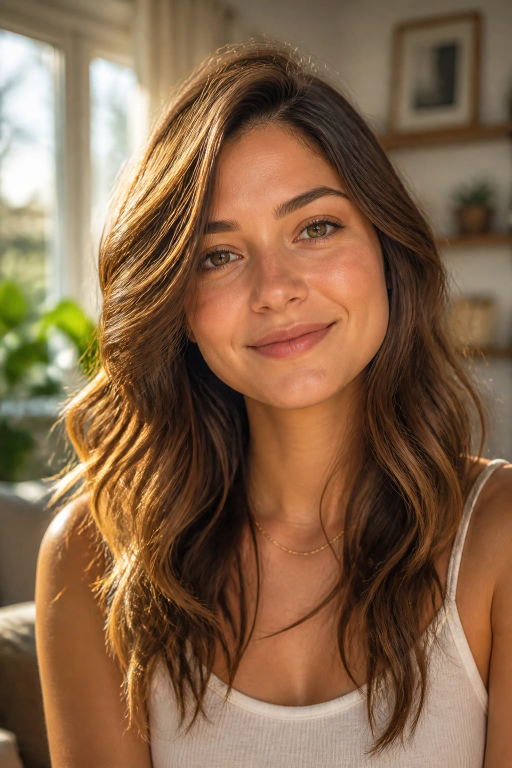 Close-up of a real woman with a long layered hairstyle lengthening a round face, illuminated by warm window light